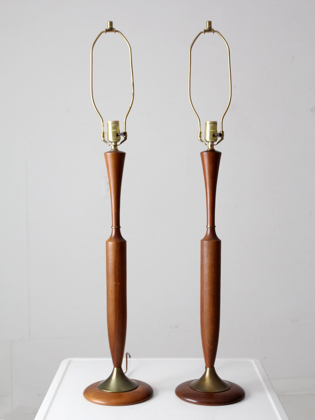 mid century teak table lamps pair