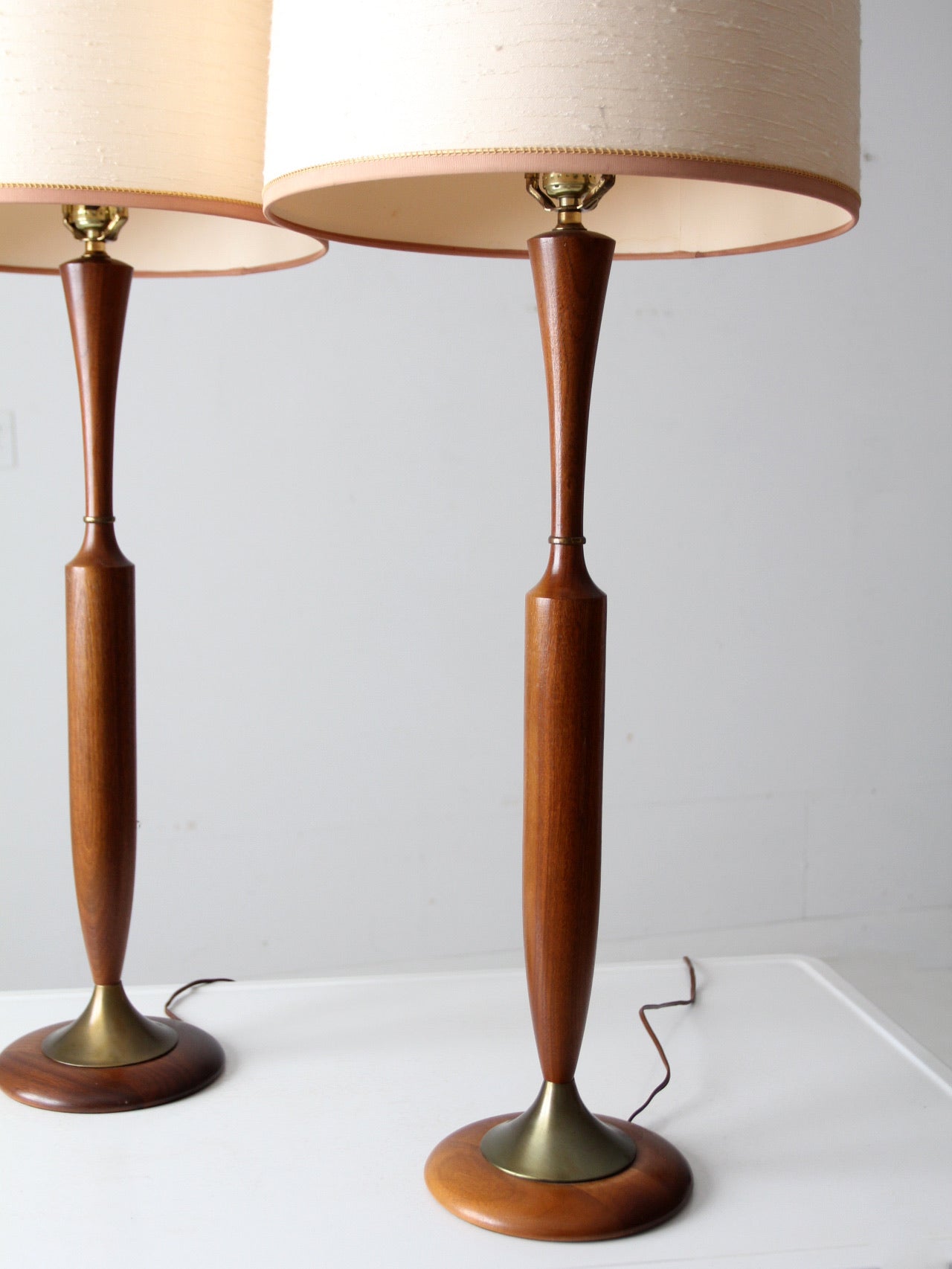 mid century teak table lamps pair