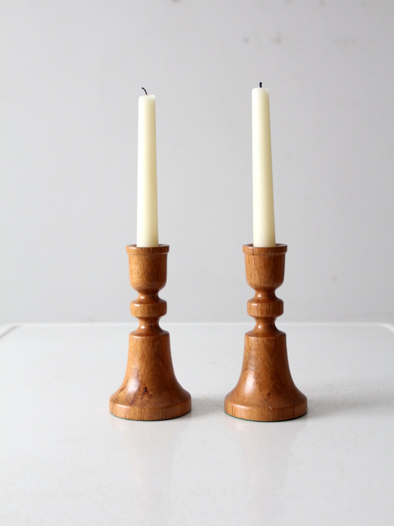 vintage handmade wooden candlestick holders pair