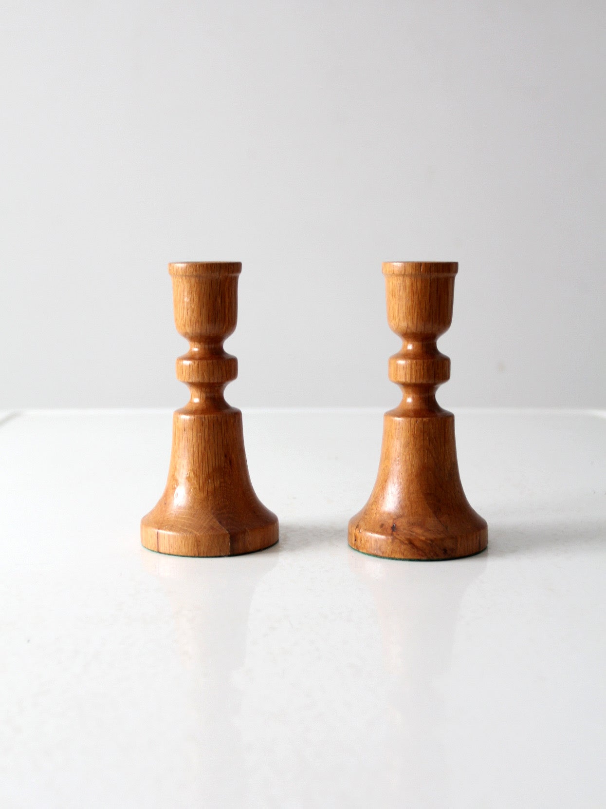 vintage handmade wooden candlestick holders pair
