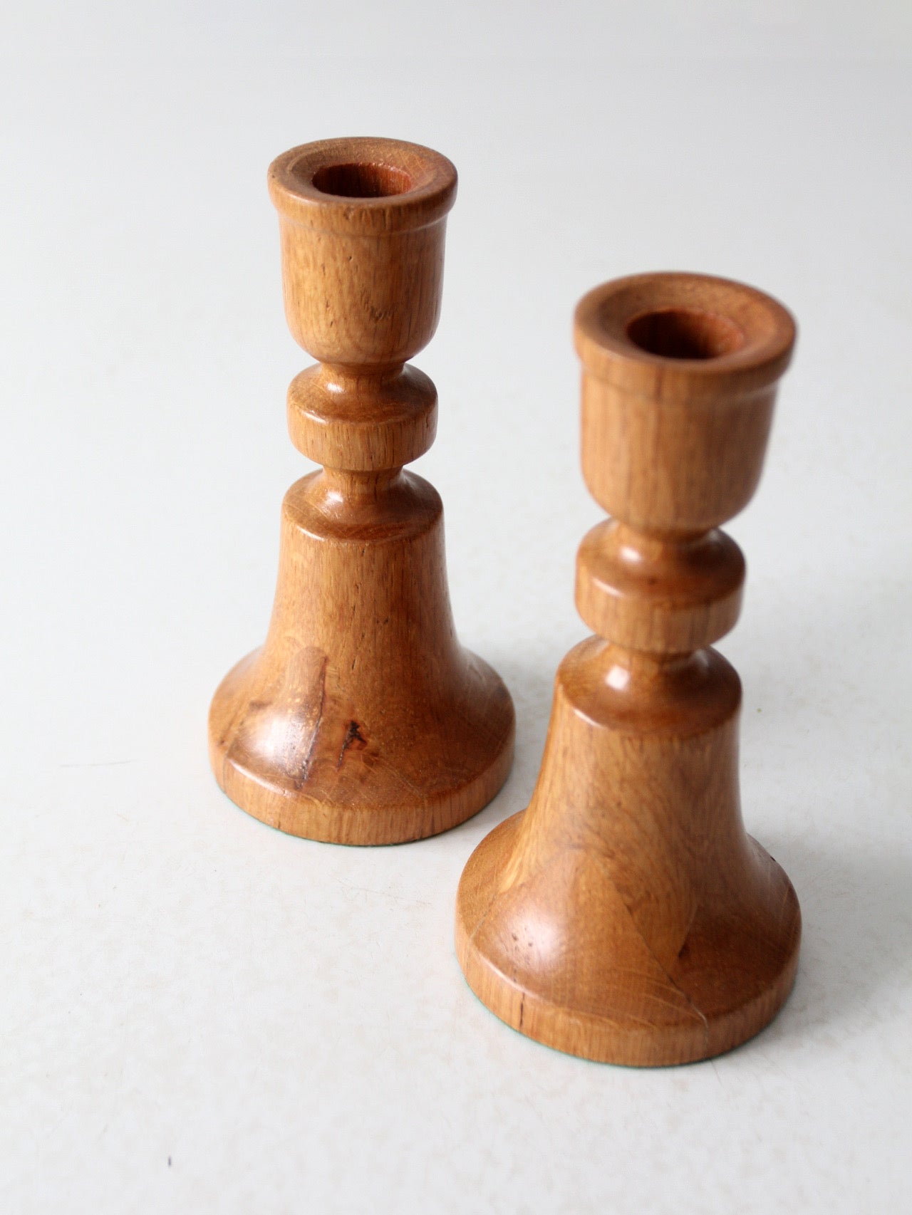 vintage handmade wooden candlestick holders pair