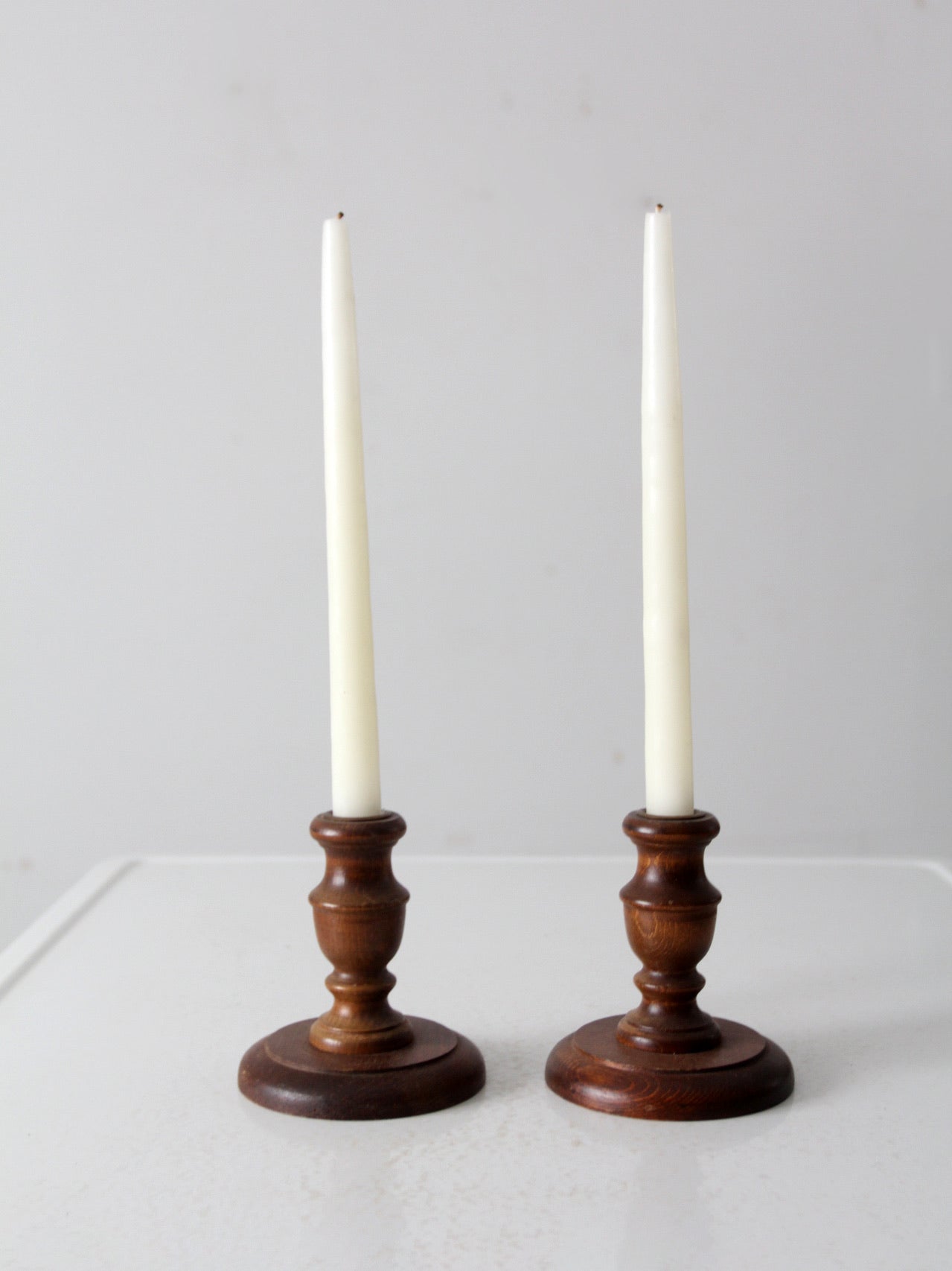 vintage wooden candle holders pair