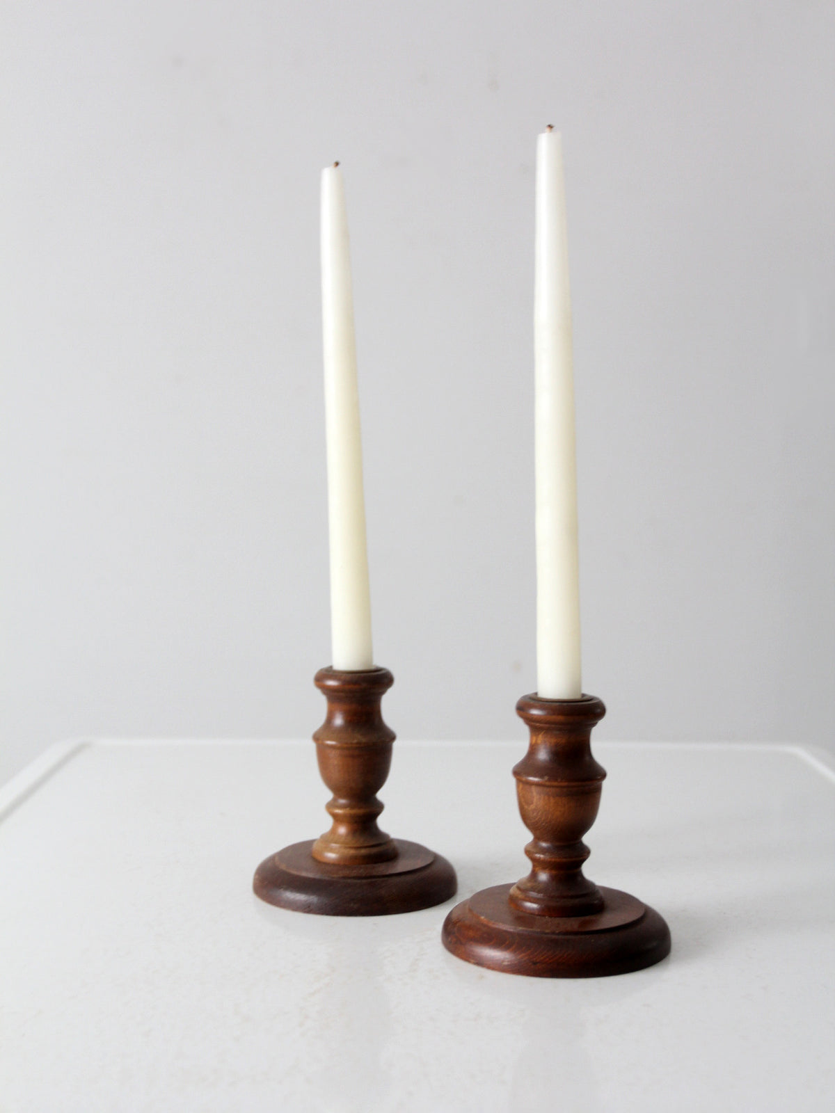 vintage wooden candle holders pair