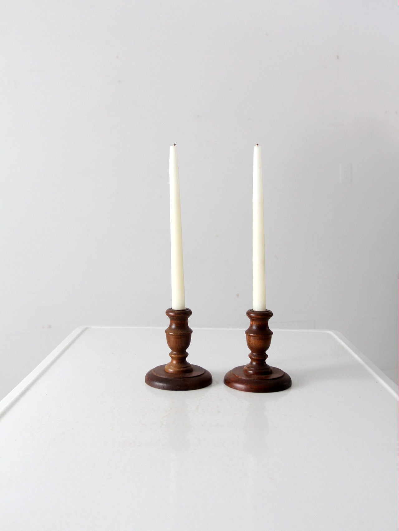 vintage wooden candle holders pair