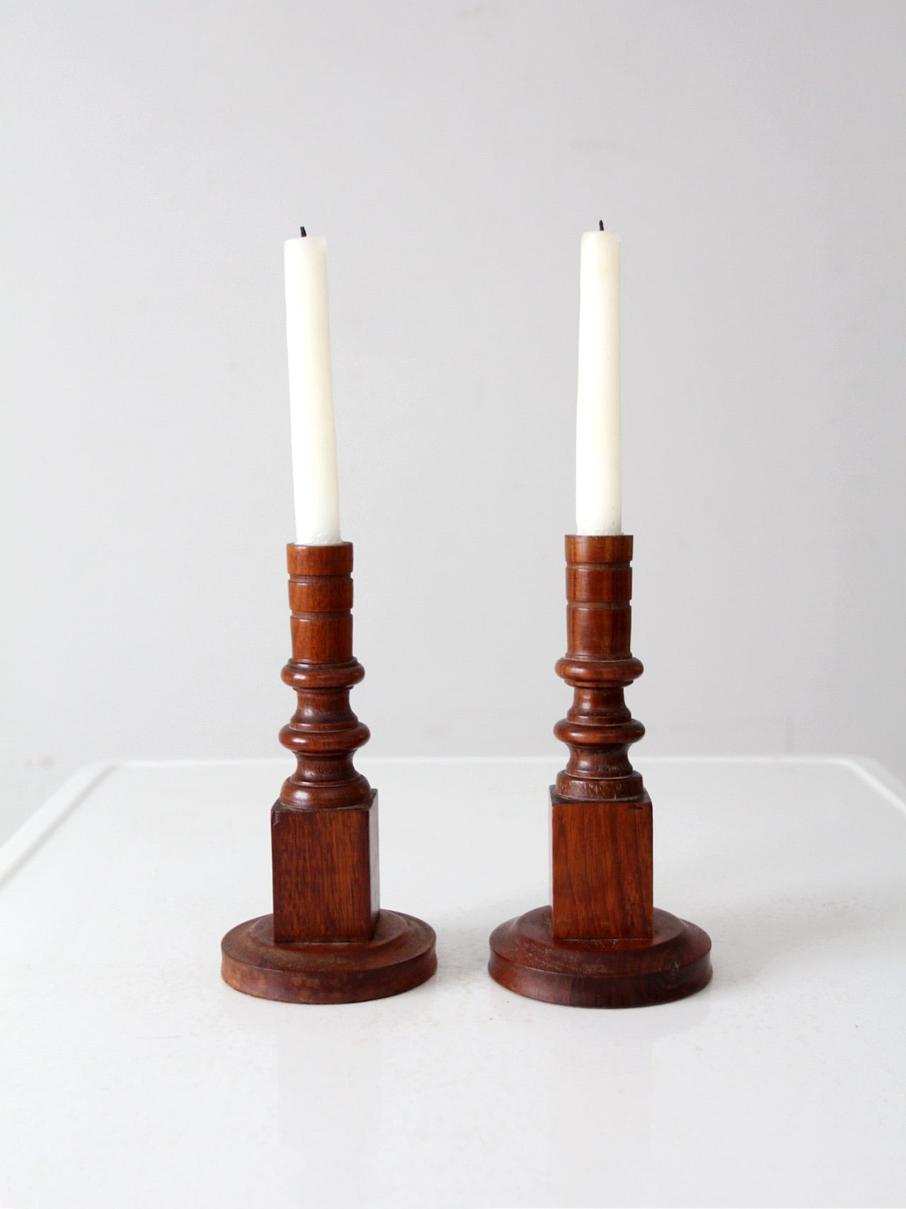 vintage wooden candlestick holders pair