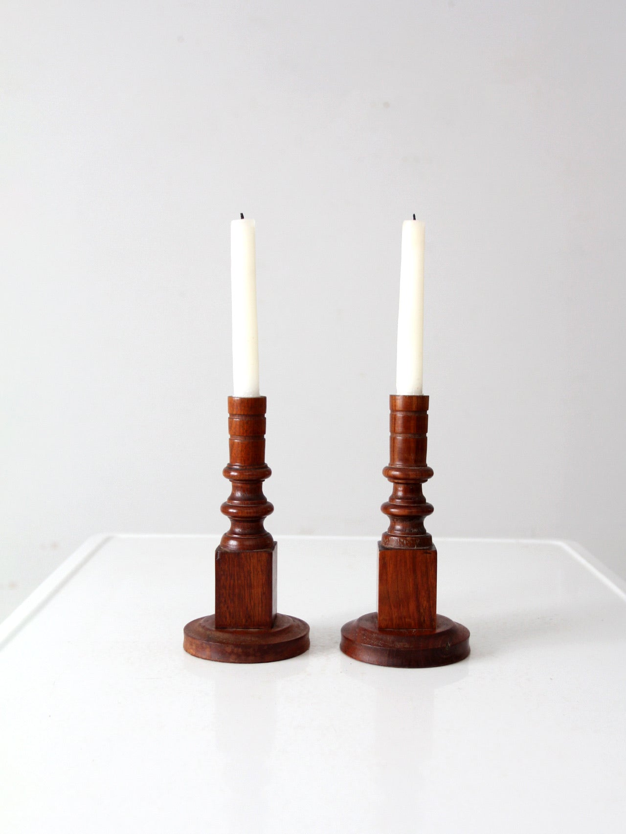 vintage wooden candlestick holders pair