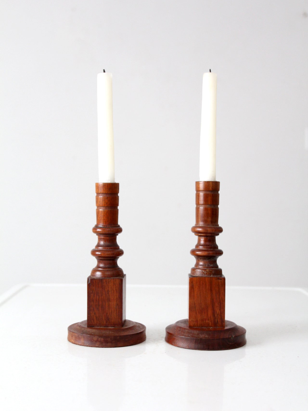 vintage wooden candlestick holders pair