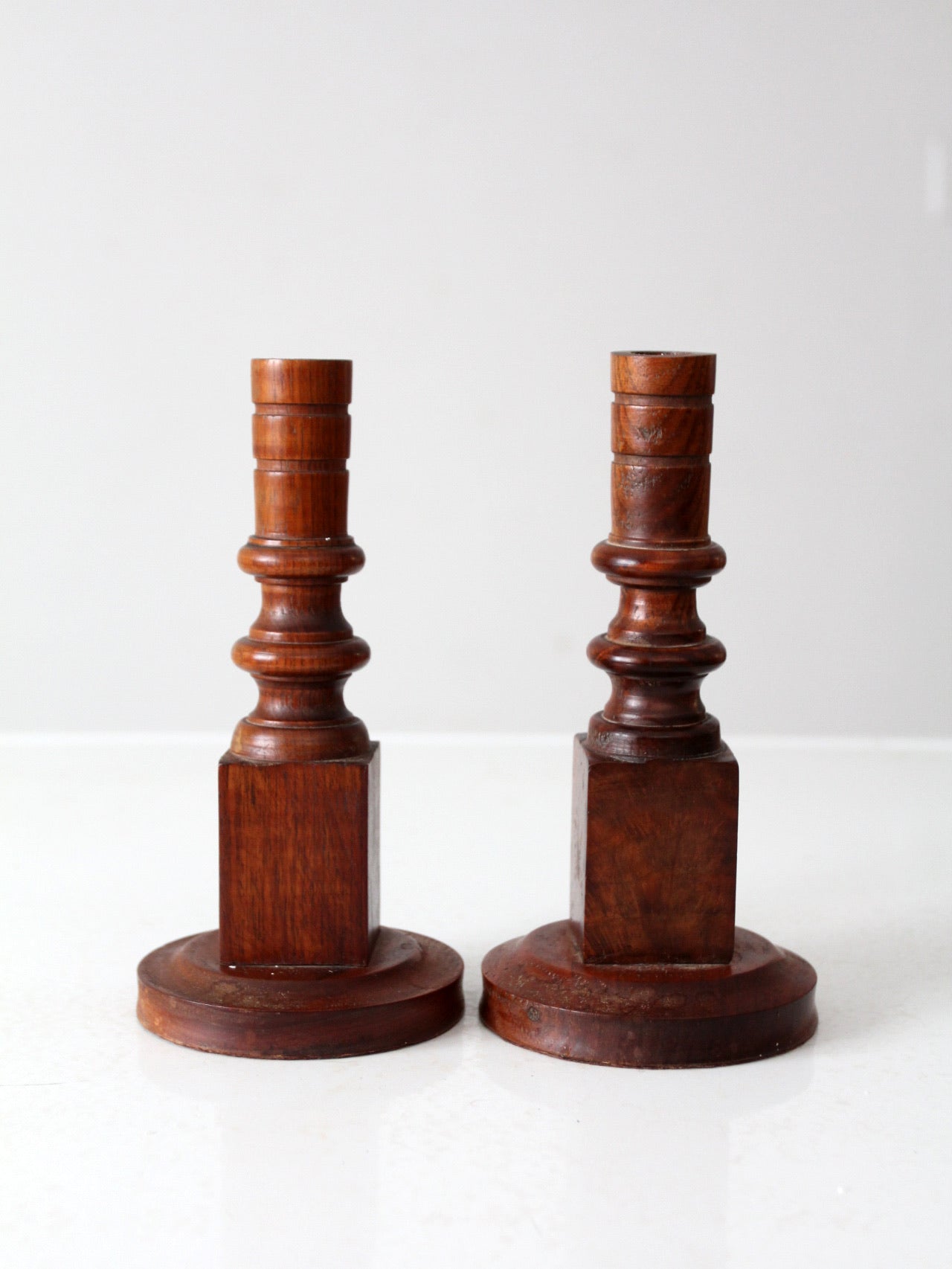 vintage wooden candlestick holders pair