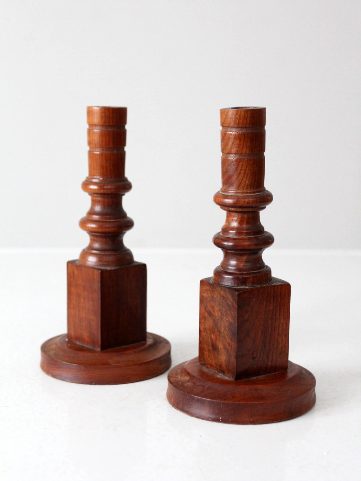 vintage wooden candlestick holders pair
