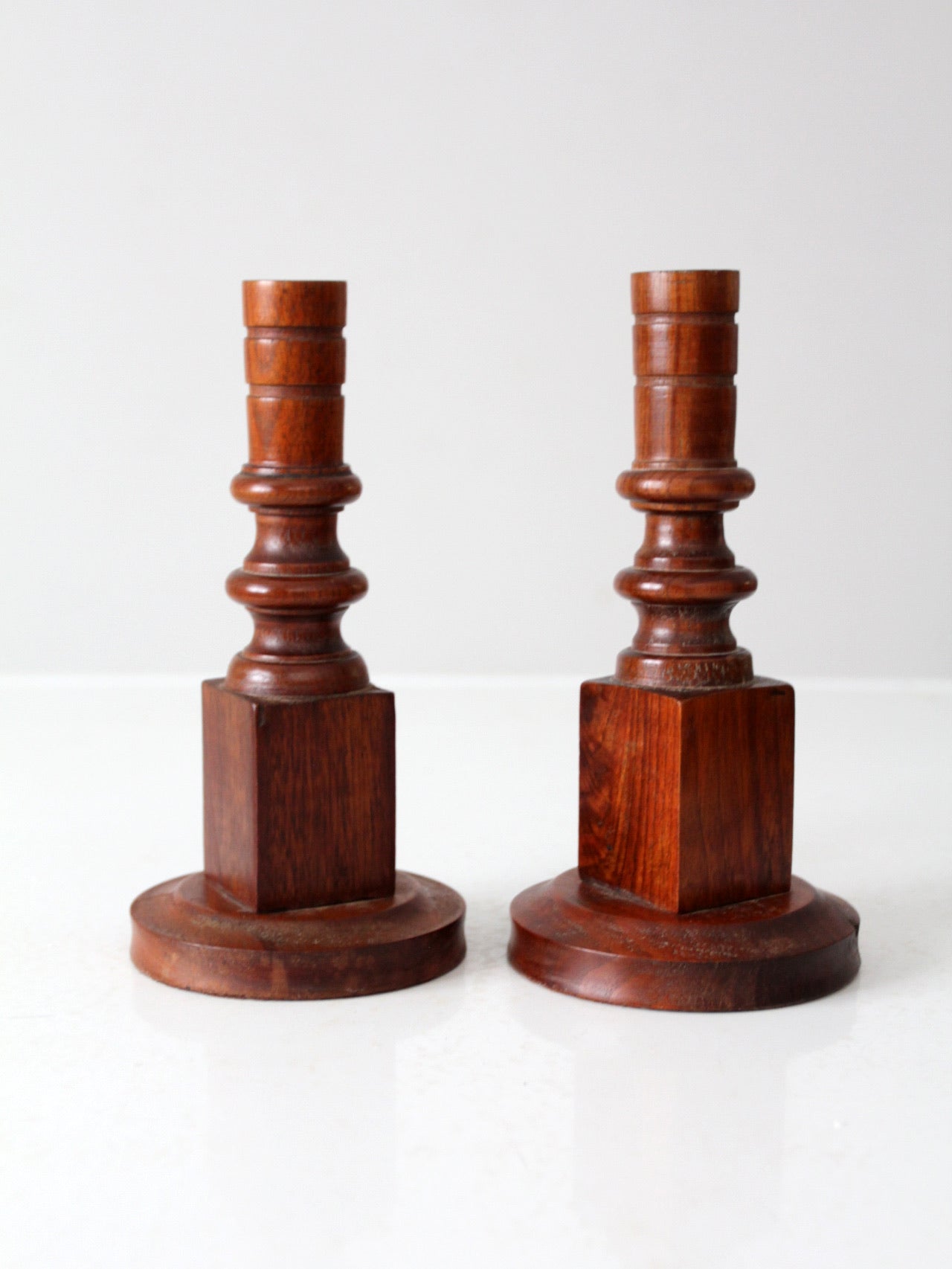 vintage wooden candlestick holders pair