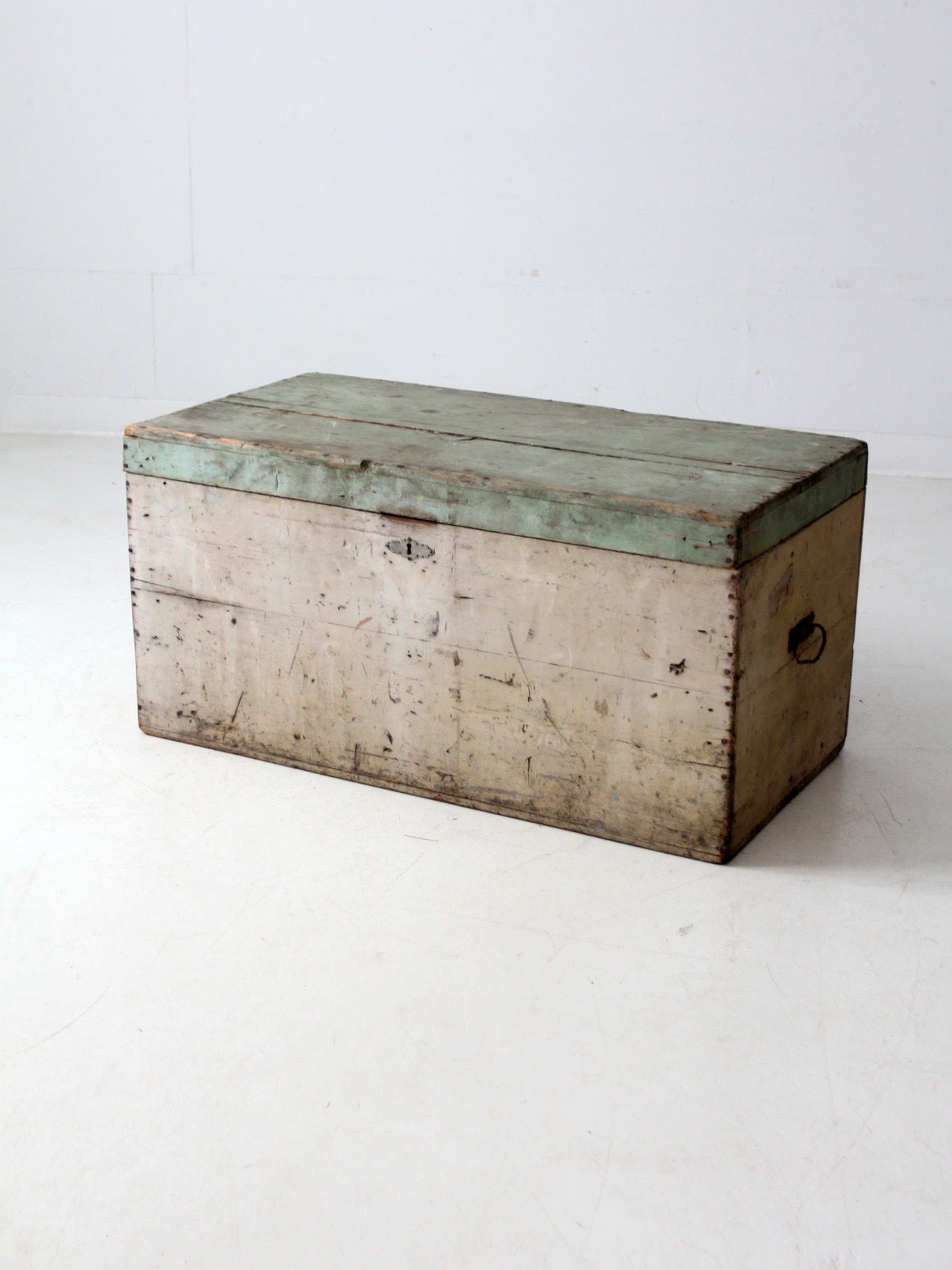 antique painted flat top wood trunk