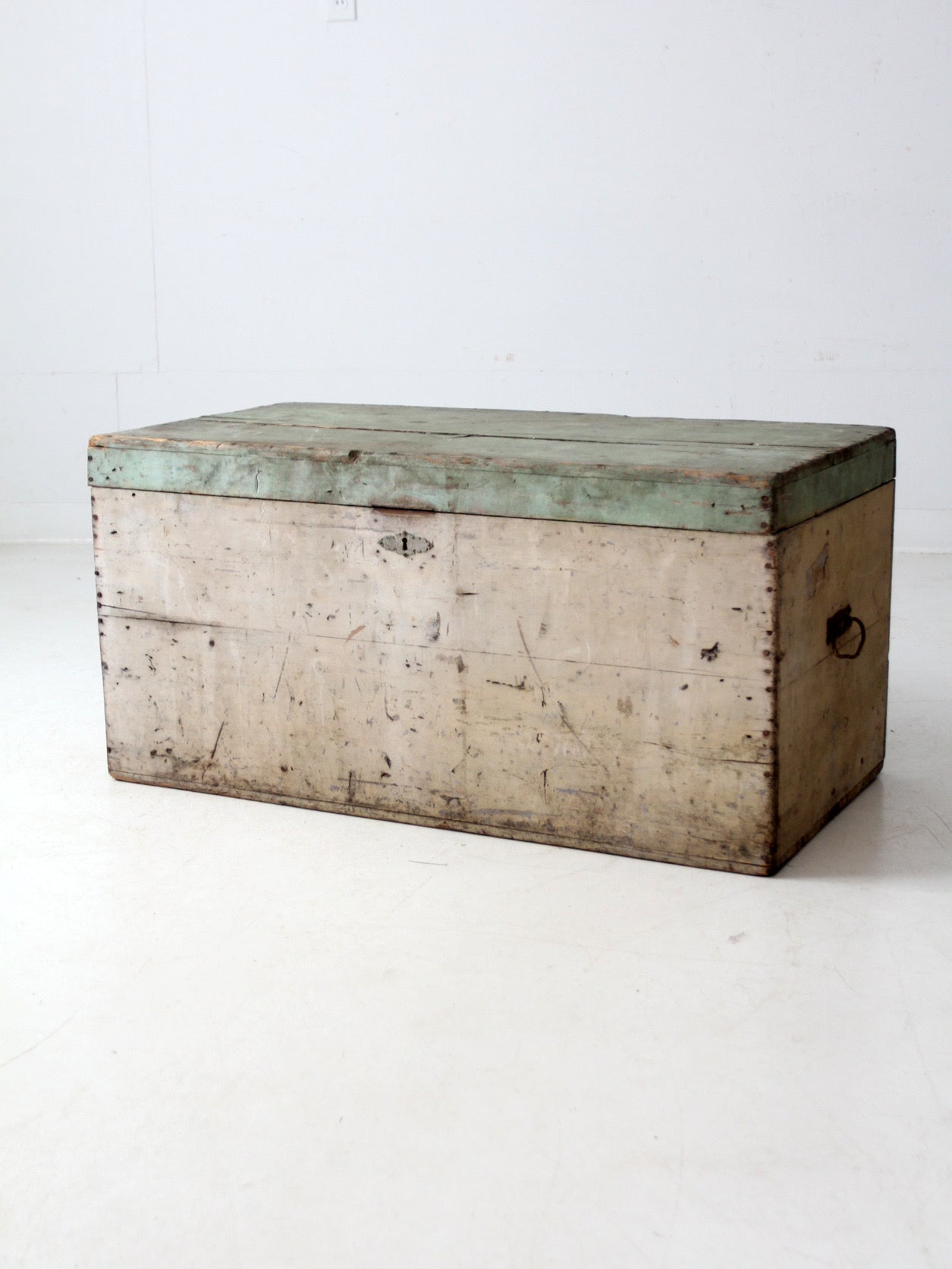 antique painted flat top wood trunk