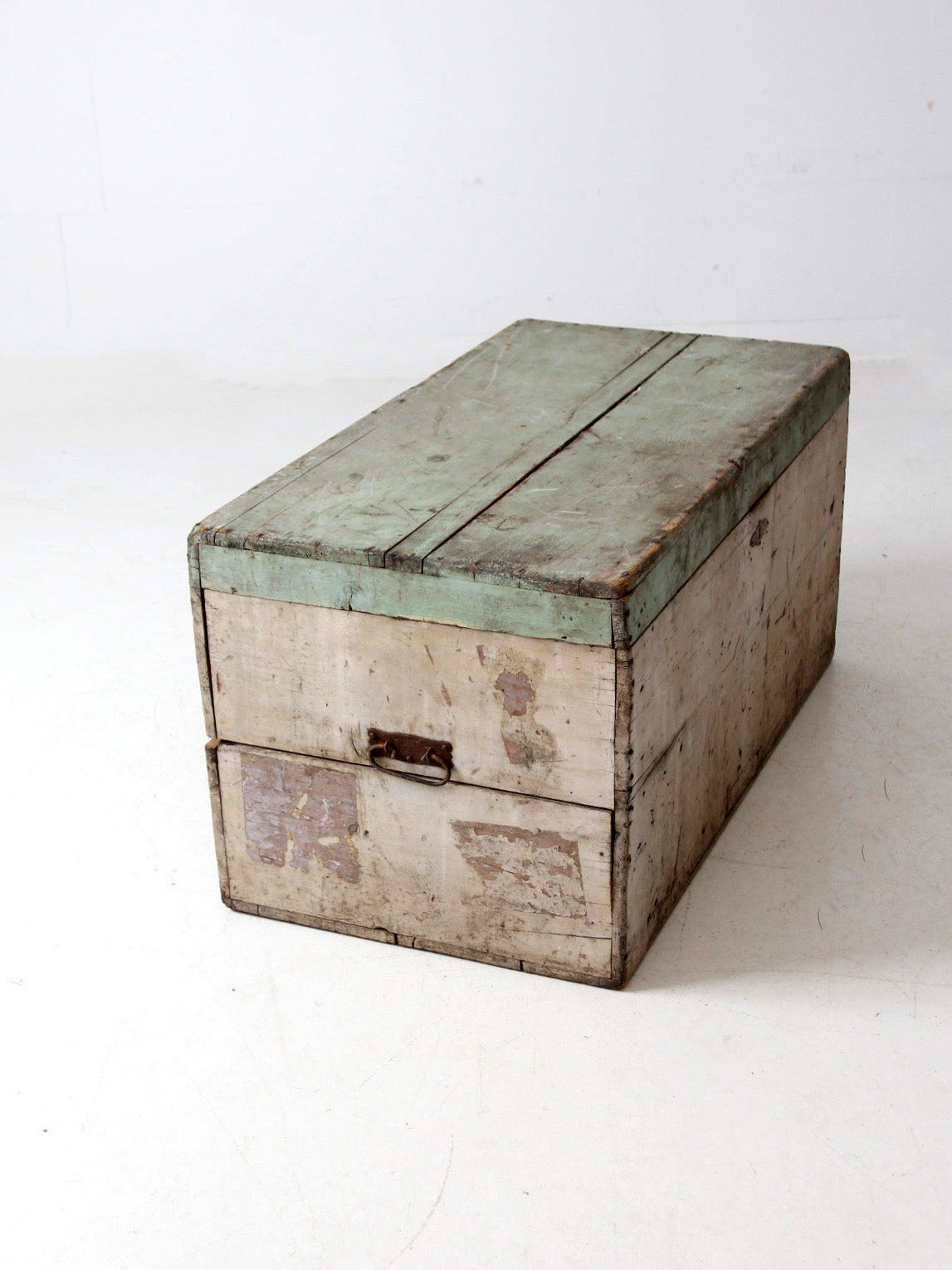 antique painted flat top wood trunk