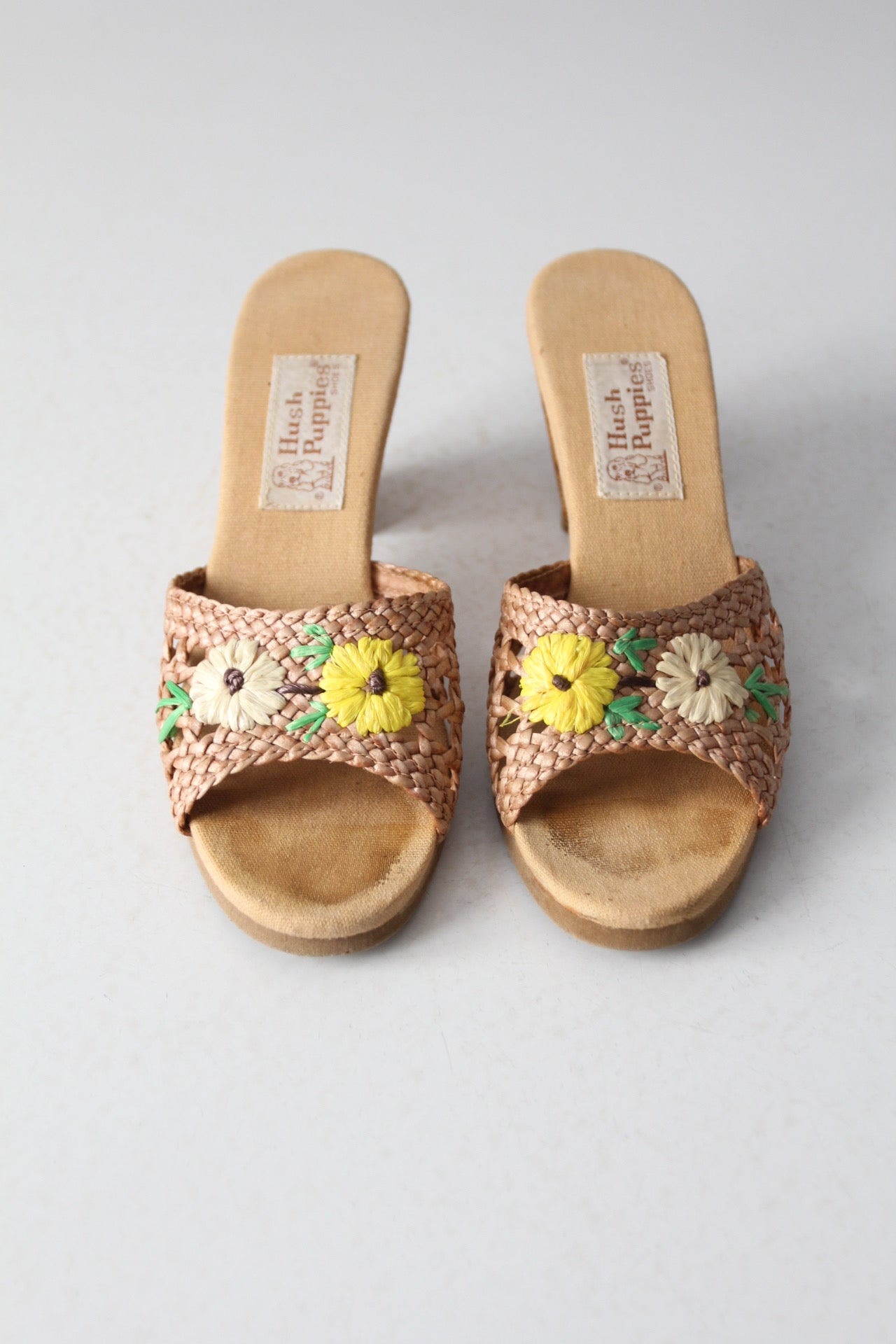1970s Hush Puppies raffia mules