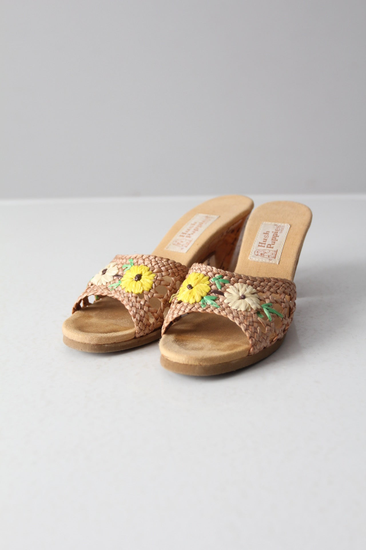 1970s Hush Puppies raffia mules