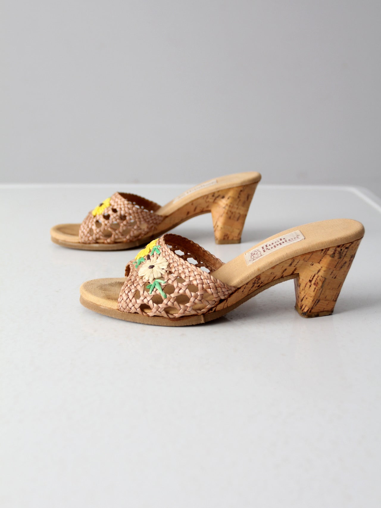 1970s Hush Puppies raffia mules