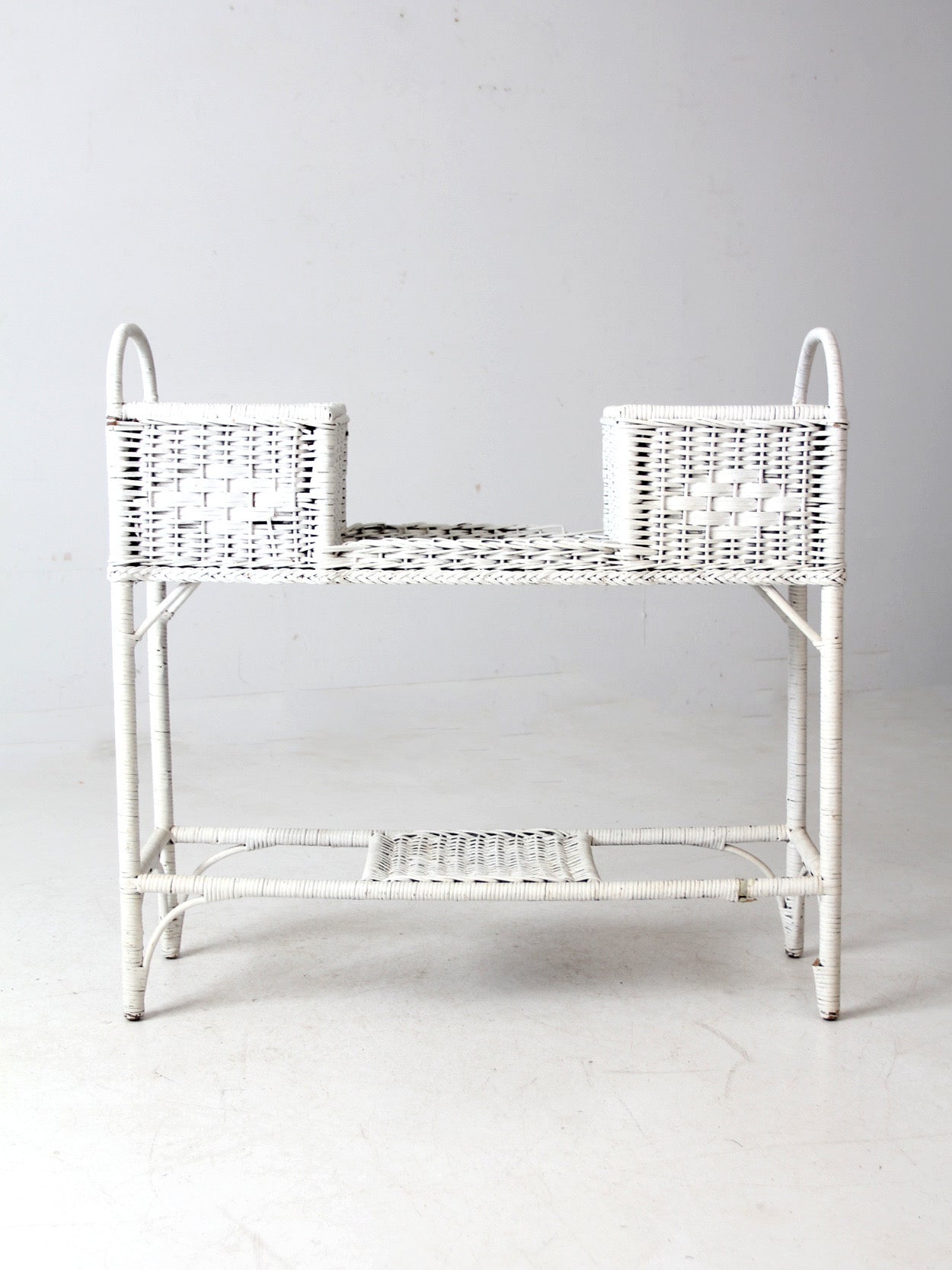 antique white wicker planter basket stand
