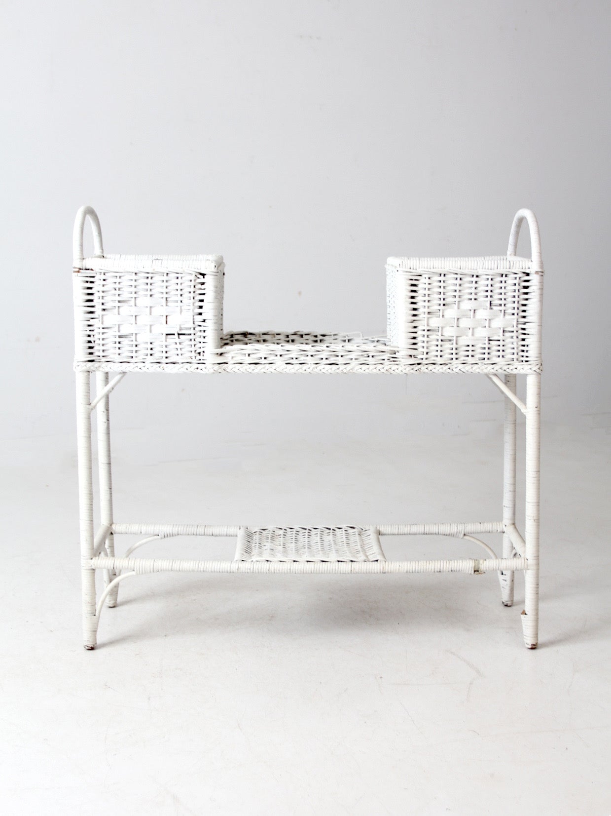 antique white wicker planter basket stand