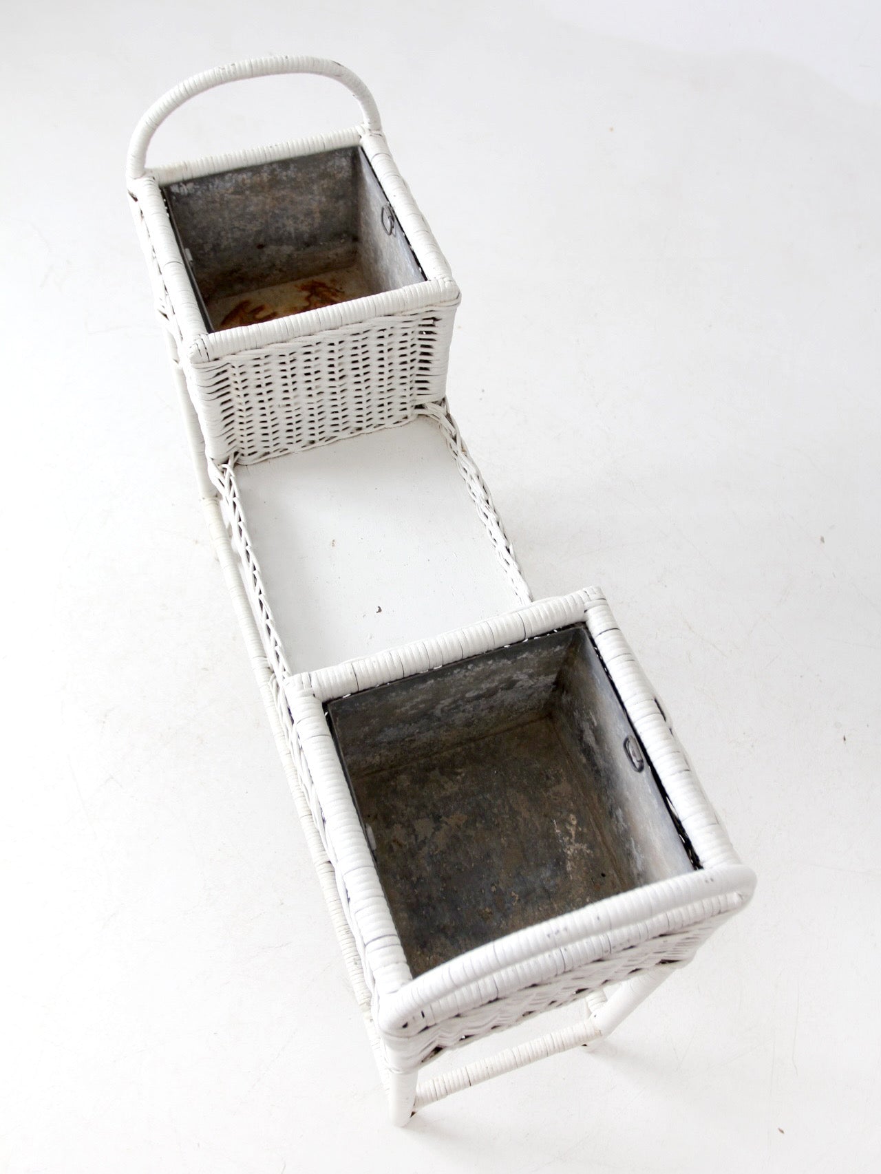 antique white wicker planter basket stand