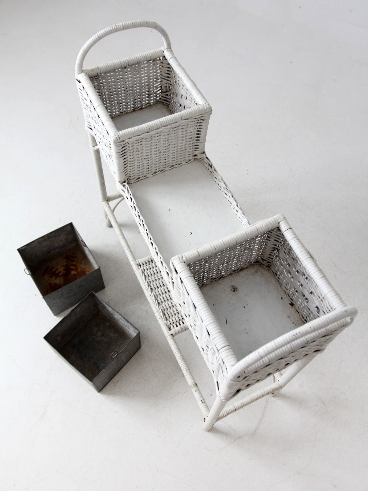 antique white wicker planter basket stand