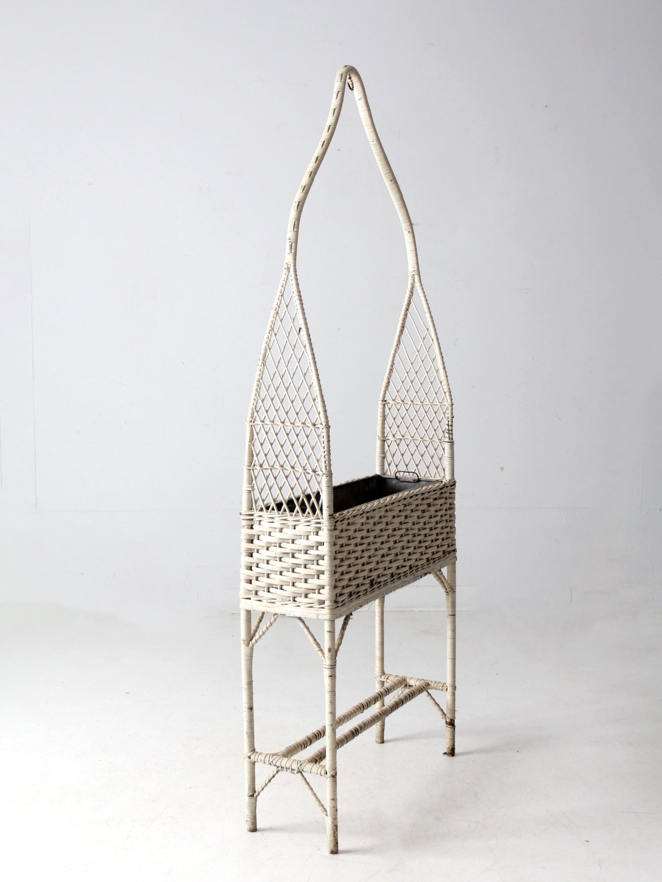 antique wicker planter basket stand with hanging hook