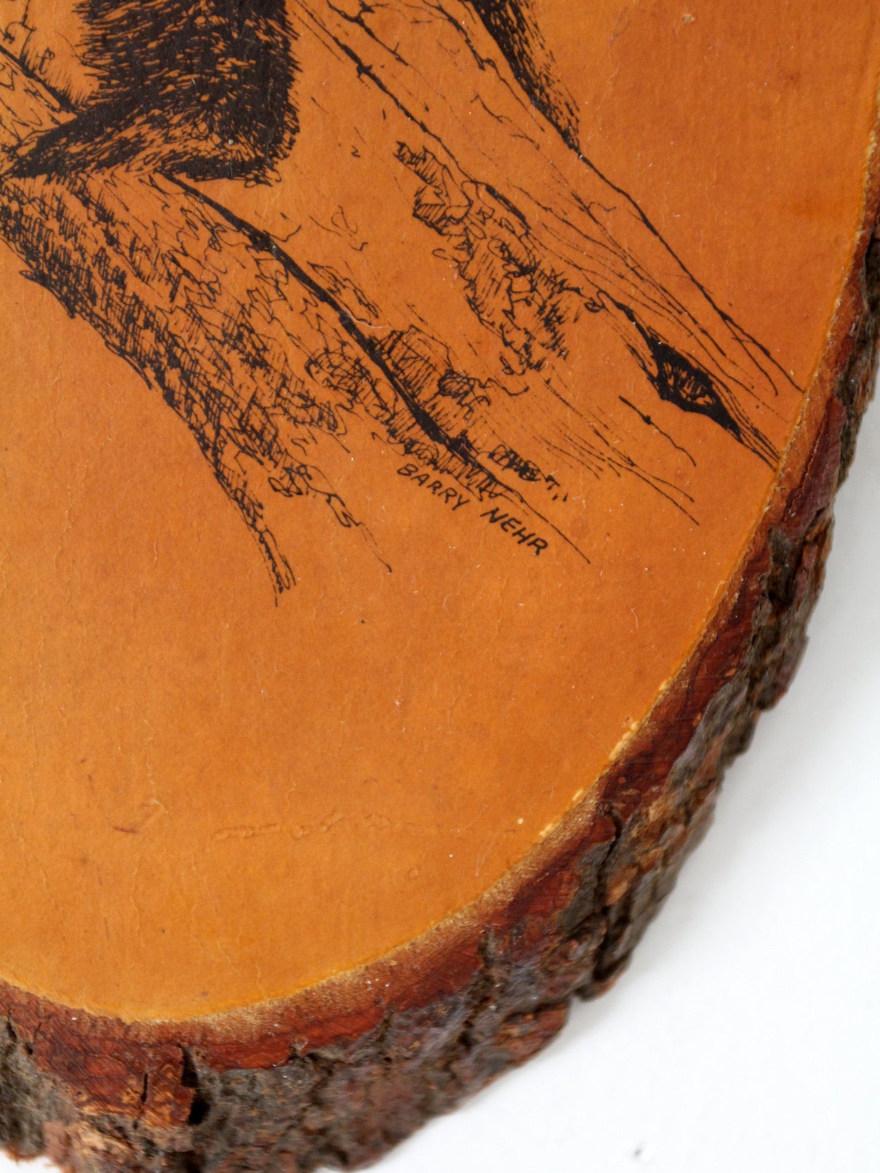 vintage Barry Nehr bear cub wood slice wall hanging