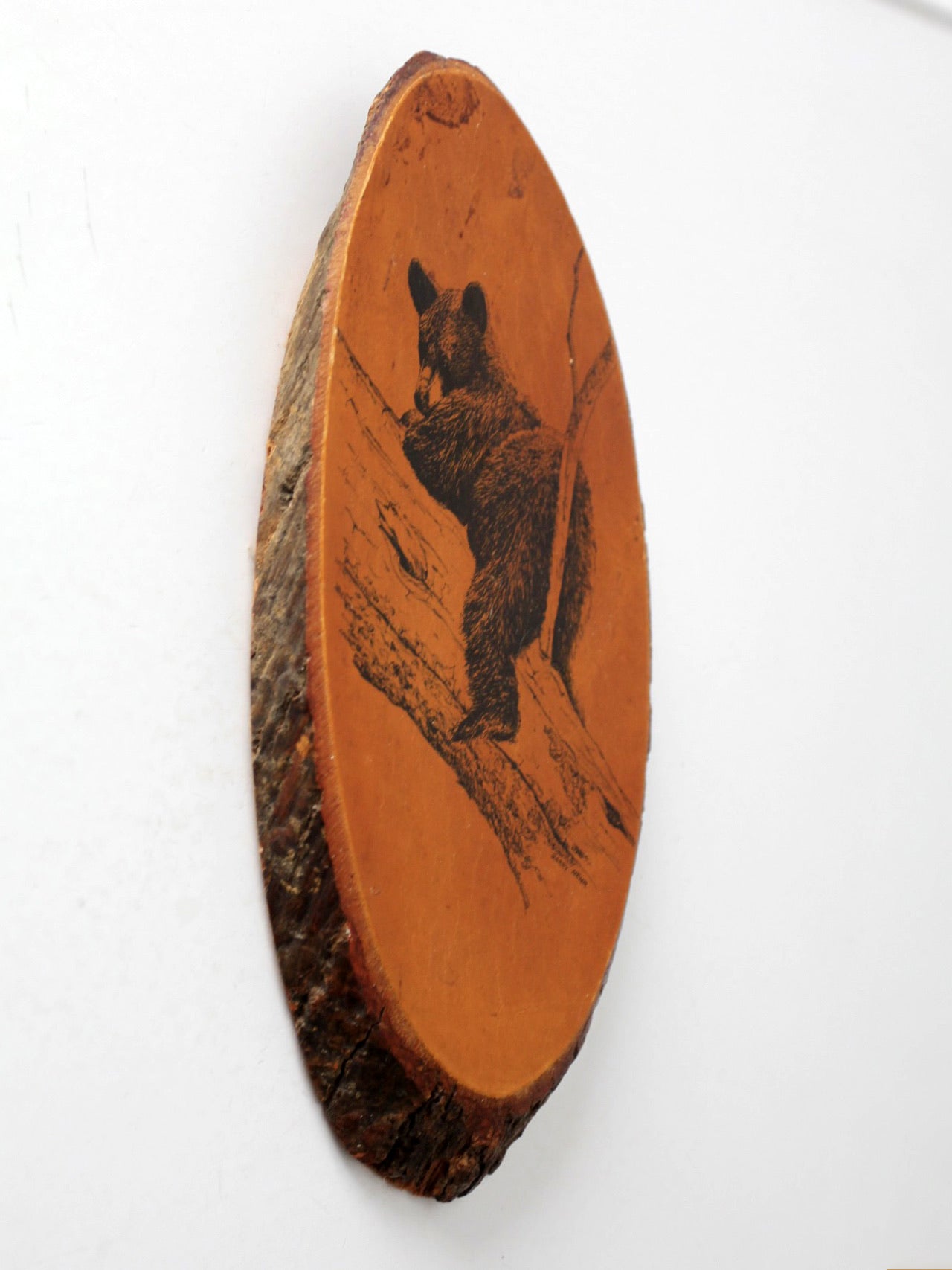 vintage Barry Nehr bear cub wood slice wall hanging
