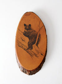 vintage Barry Nehr bear cub wood slice wall hanging