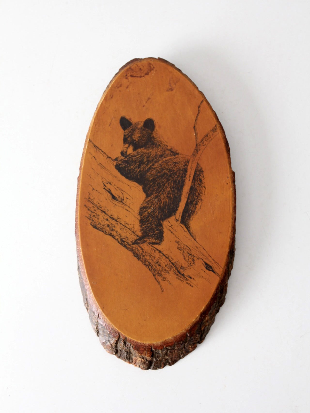 vintage Barry Nehr bear cub wood slice wall hanging