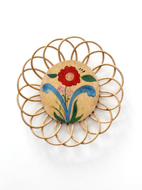 vintage hand-painted floral tray with rattan border