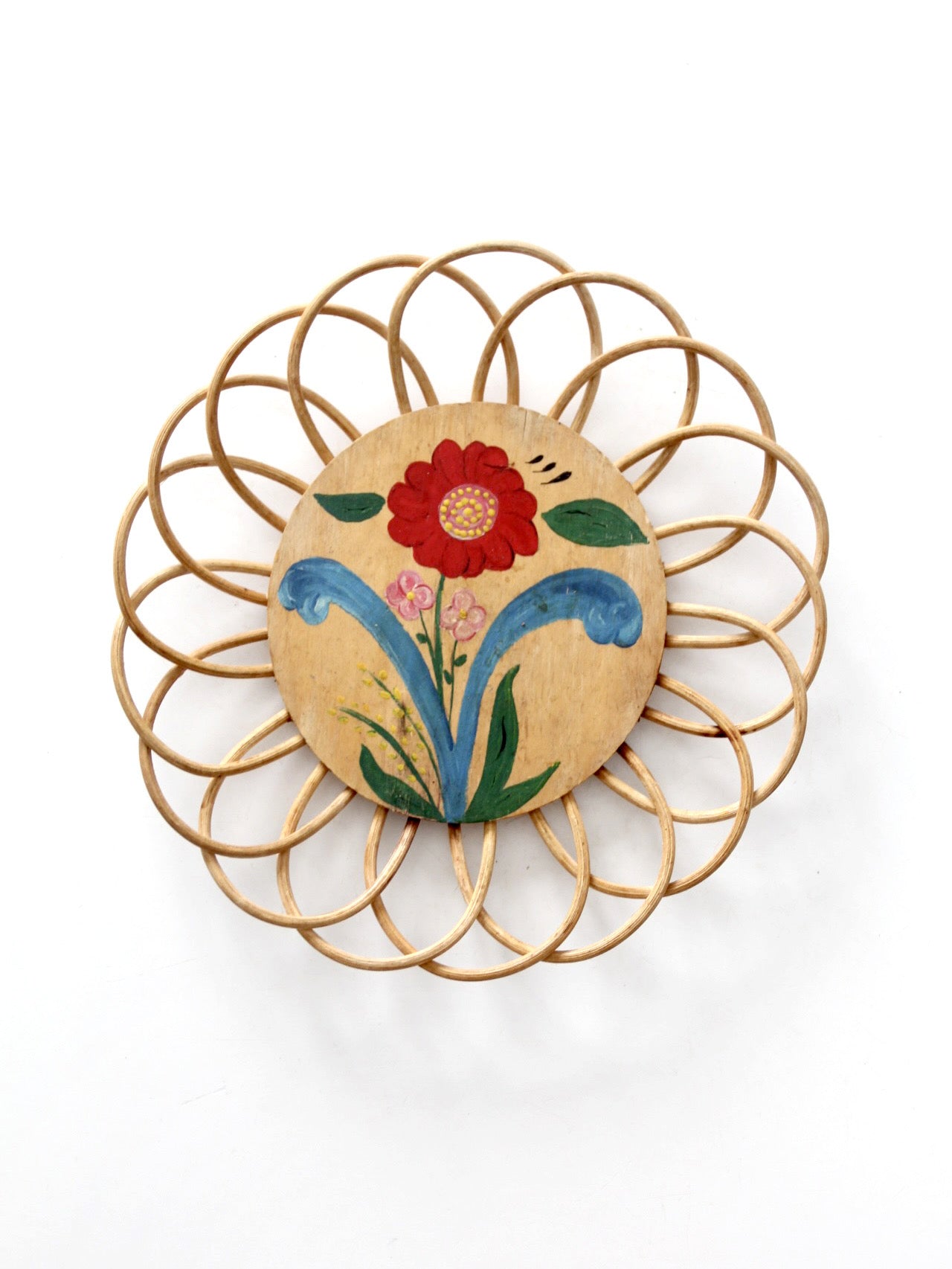 vintage hand-painted floral tray with rattan border