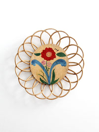 vintage hand-painted floral tray with rattan border