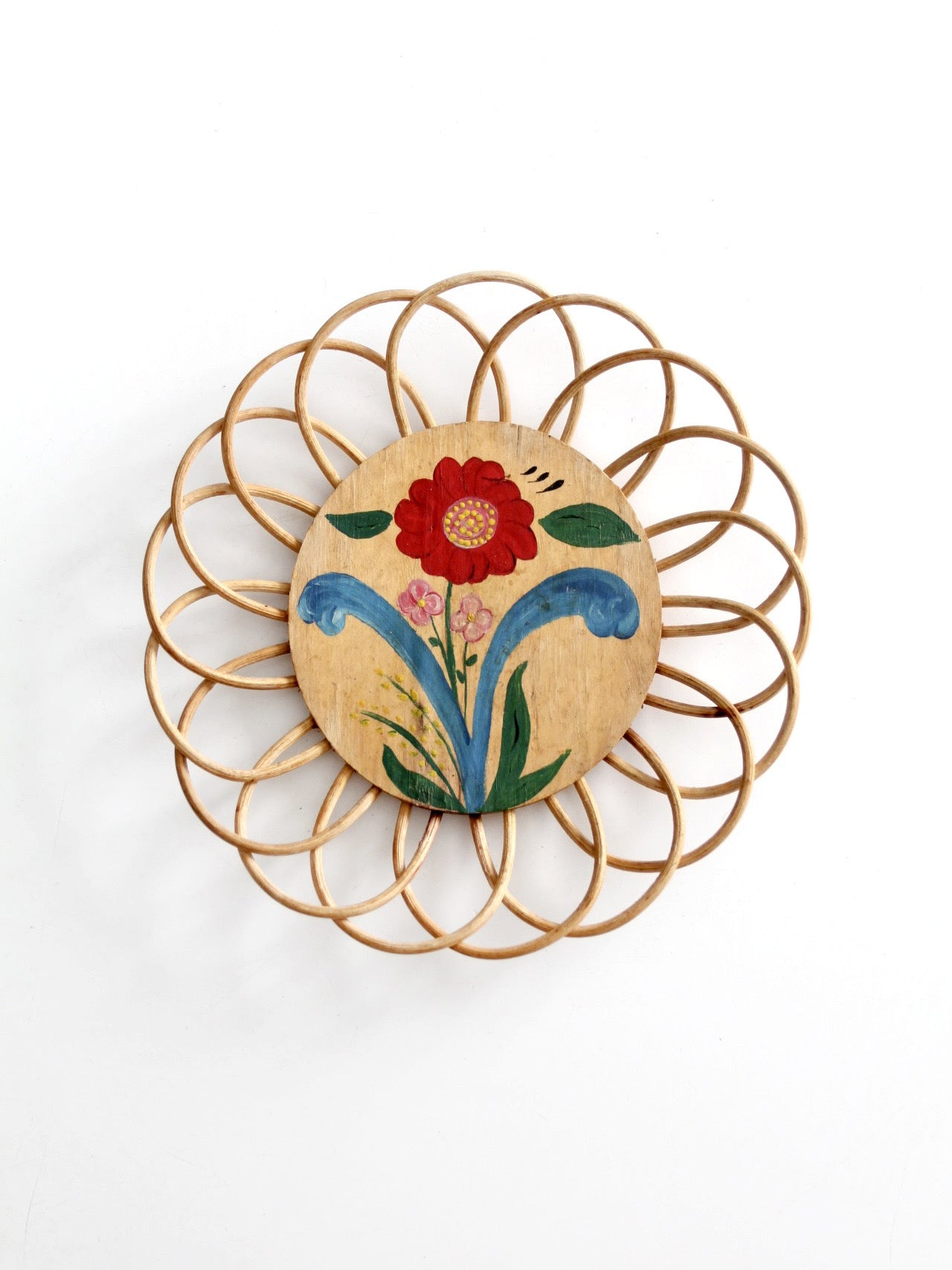 vintage hand-painted floral tray with rattan border