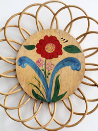 vintage hand-painted floral tray with rattan border