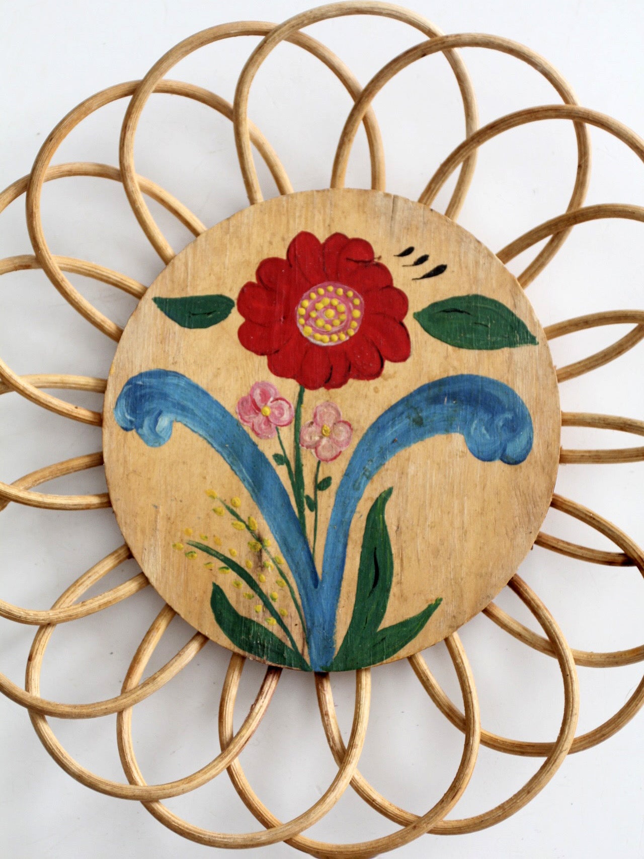vintage hand-painted floral tray with rattan border