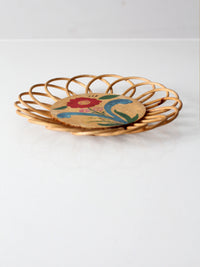 vintage hand-painted floral tray with rattan border
