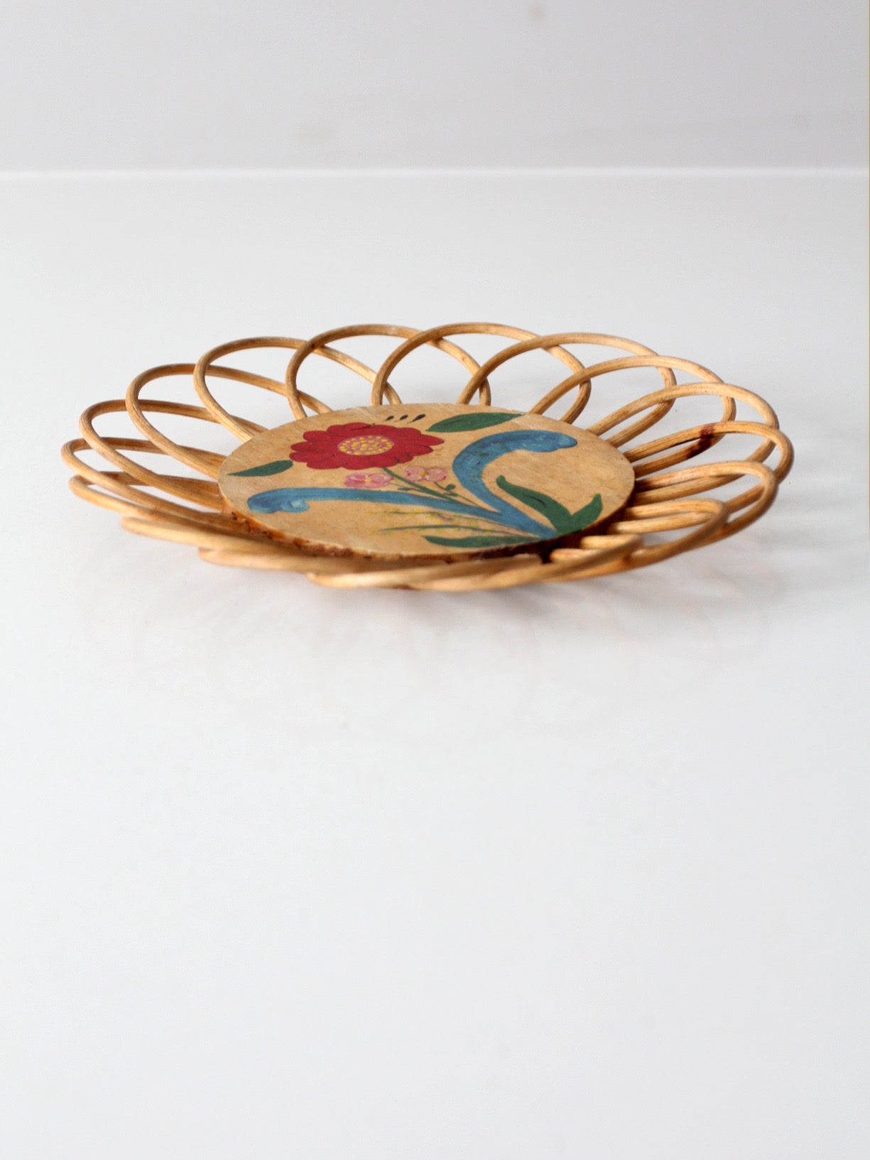 vintage hand-painted floral tray with rattan border
