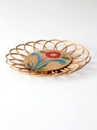 vintage hand-painted floral tray with rattan border