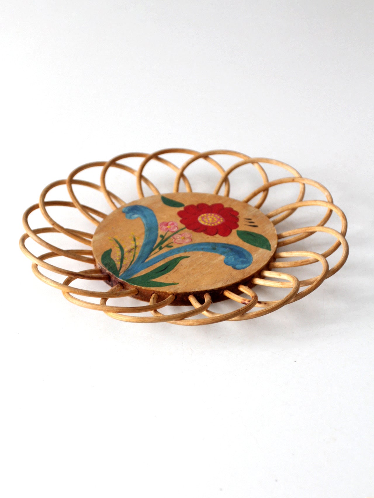vintage hand-painted floral tray with rattan border