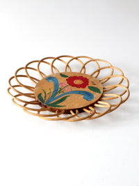 vintage hand-painted floral tray with rattan border