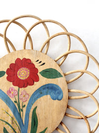 vintage hand-painted floral tray with rattan border