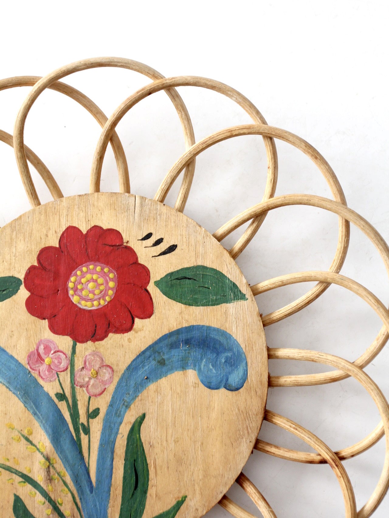 vintage hand-painted floral tray with rattan border