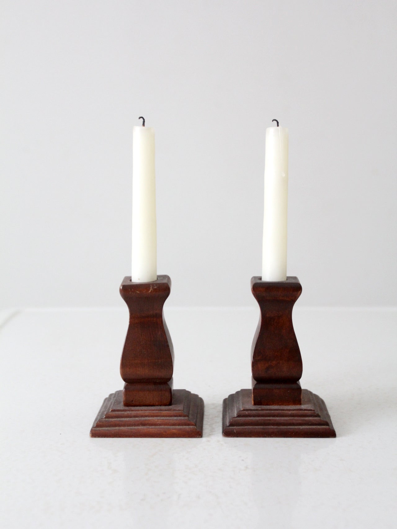 vintage wood candlestick holders pair