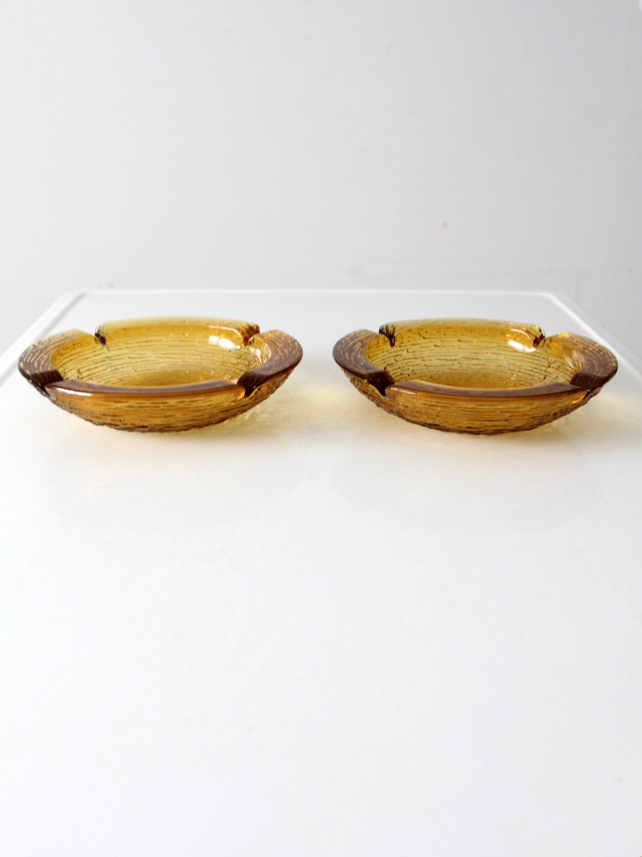 vintage Anchor Hocking Soreno honey gold ashtray pair