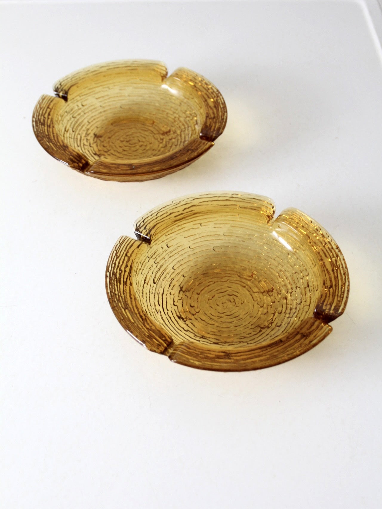 vintage Anchor Hocking Soreno honey gold ashtray pair