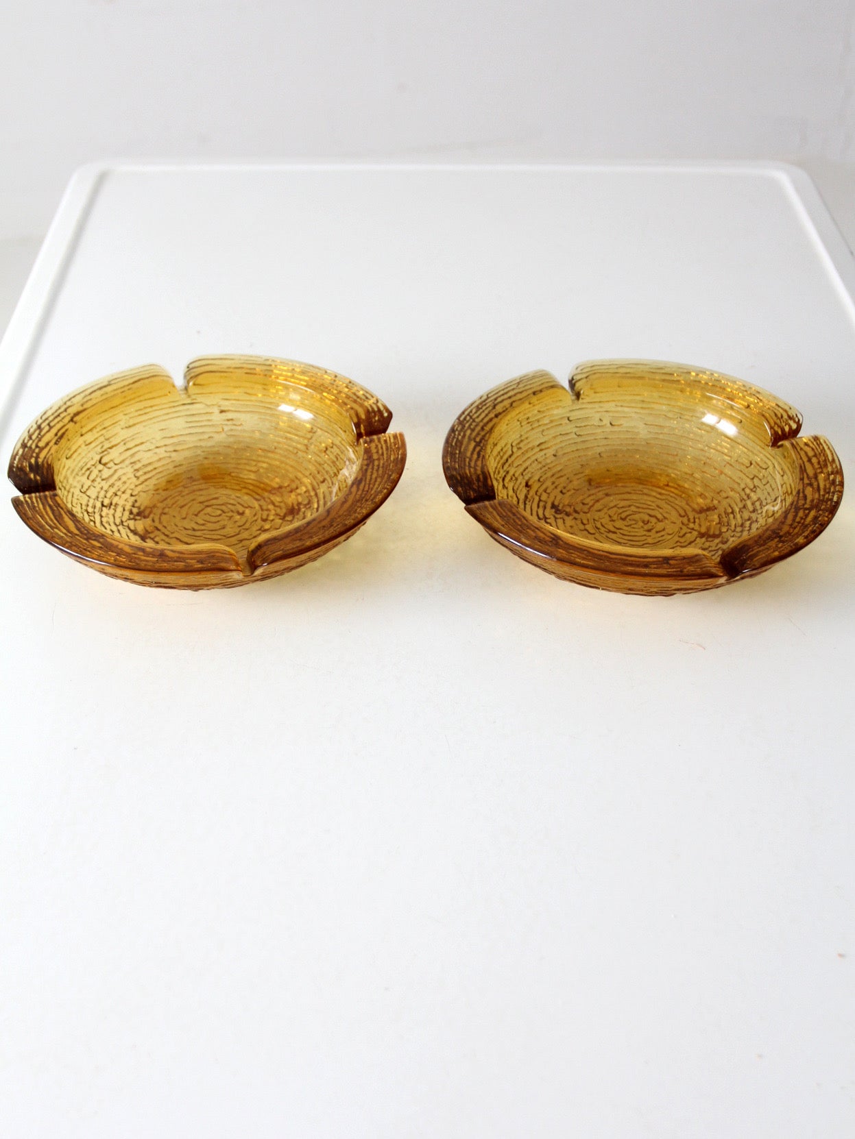 vintage Anchor Hocking Soreno honey gold ashtray pair