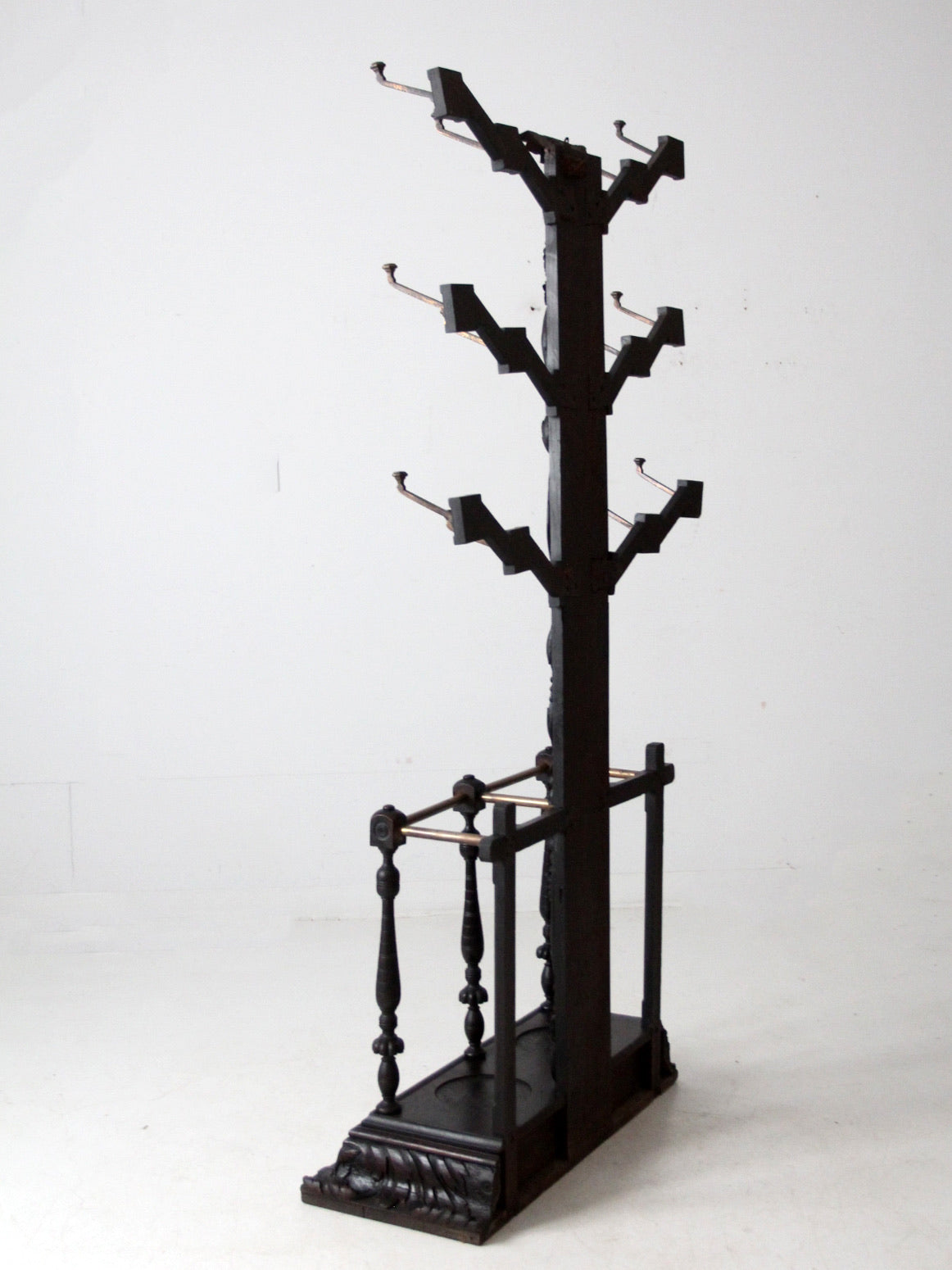 antique gothic revival carved wood hall tree