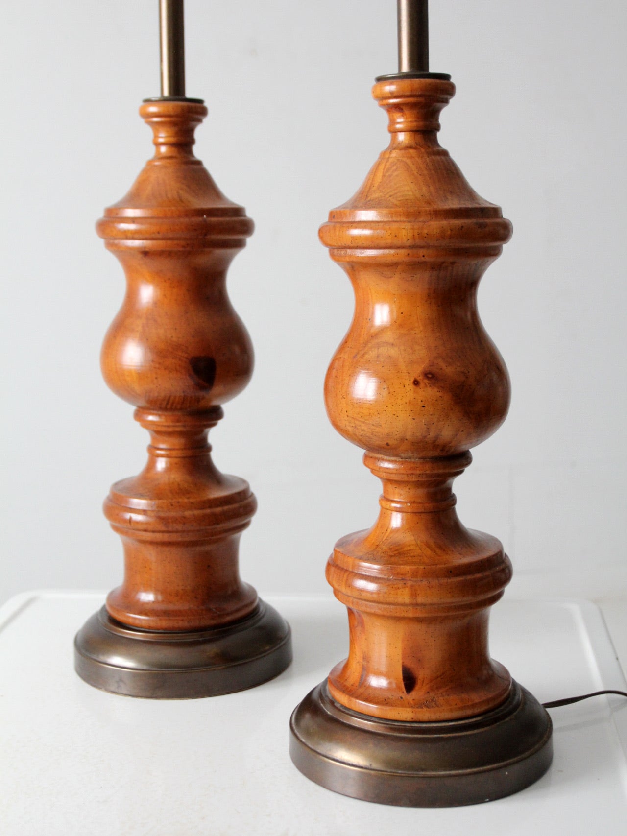 vintage wood baluster table lamps pair