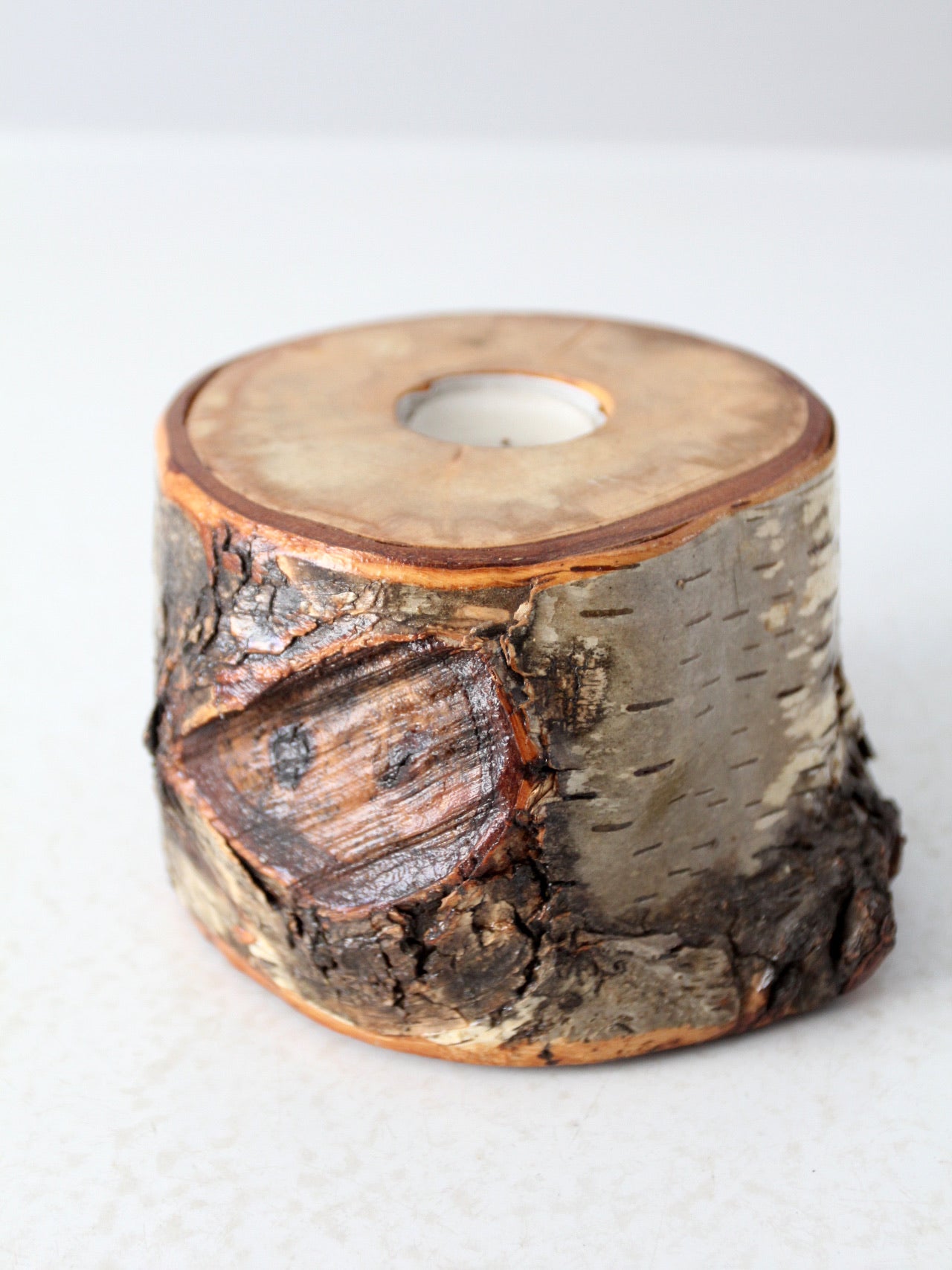 vintage birch log tea candle holder