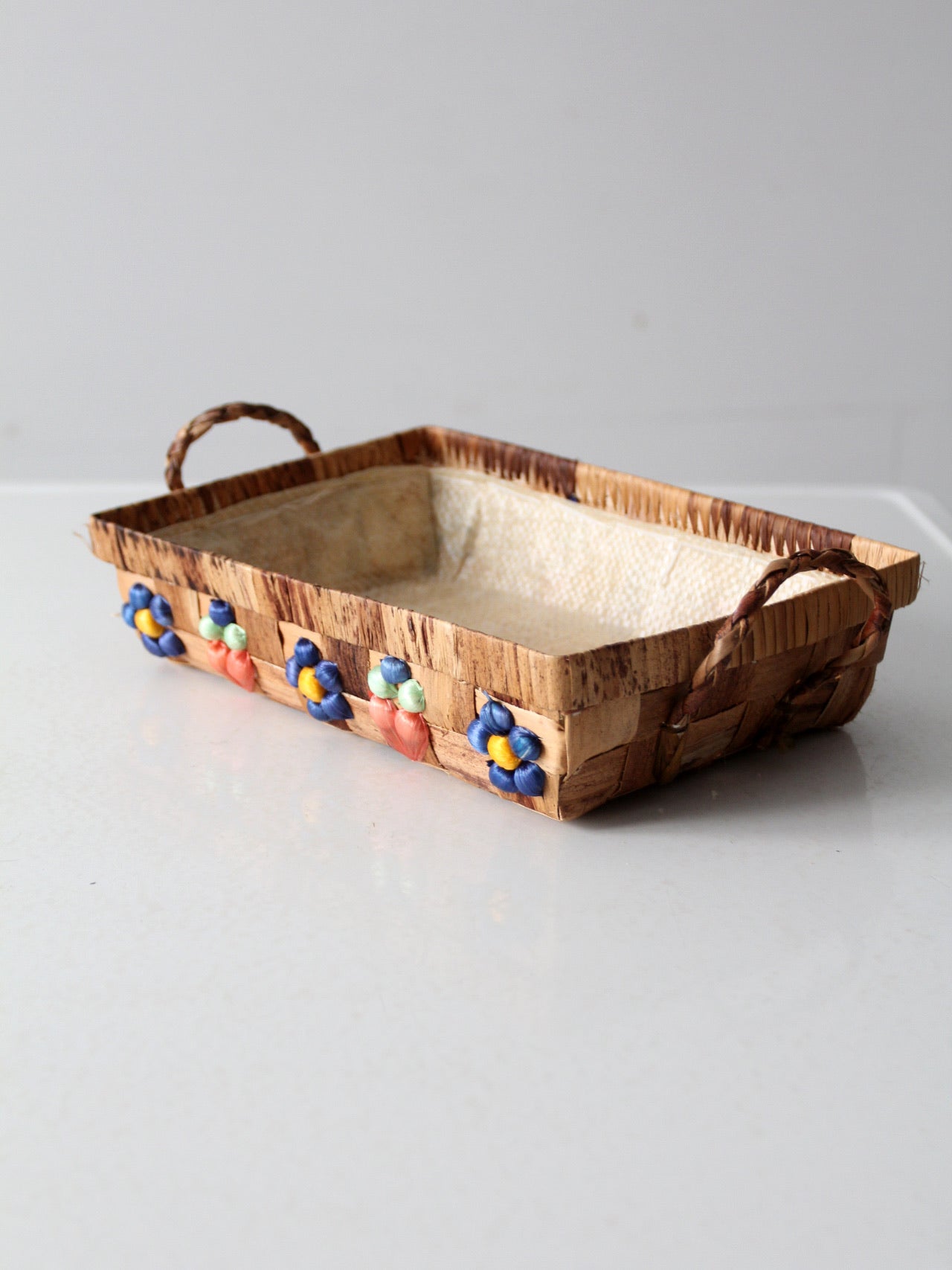 vintage raffia floral basket tray
